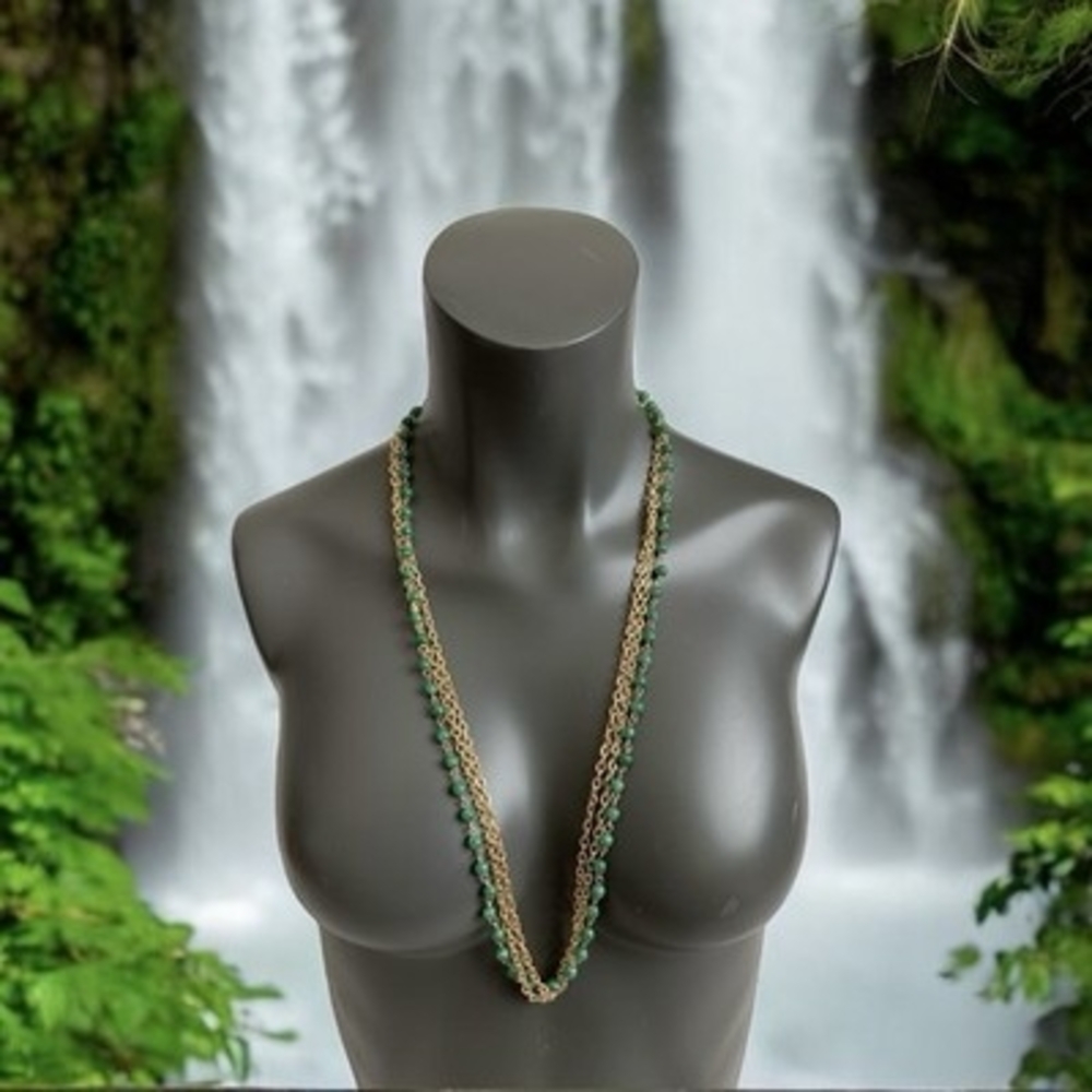 HongKong Gold Tone Chain Necklace Green Beads Multilayered Oversized Jewelry 32"